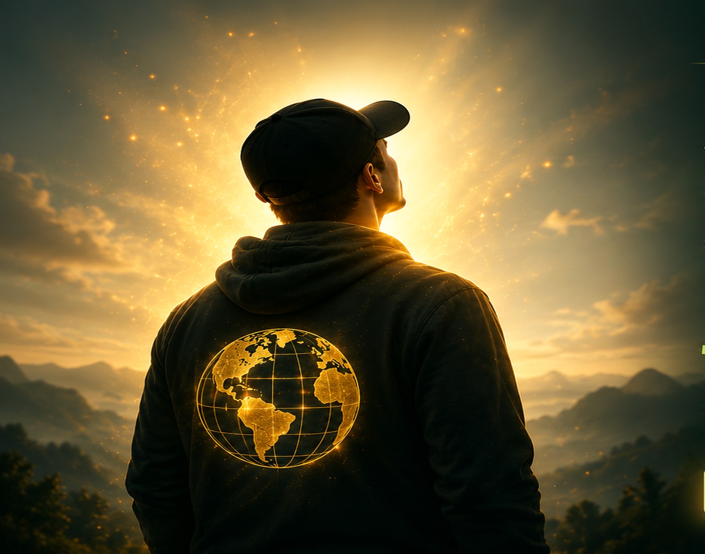 Person wearing a cap and dark sweatshirt with a glowing gold globe on the back, representing one person adding their light