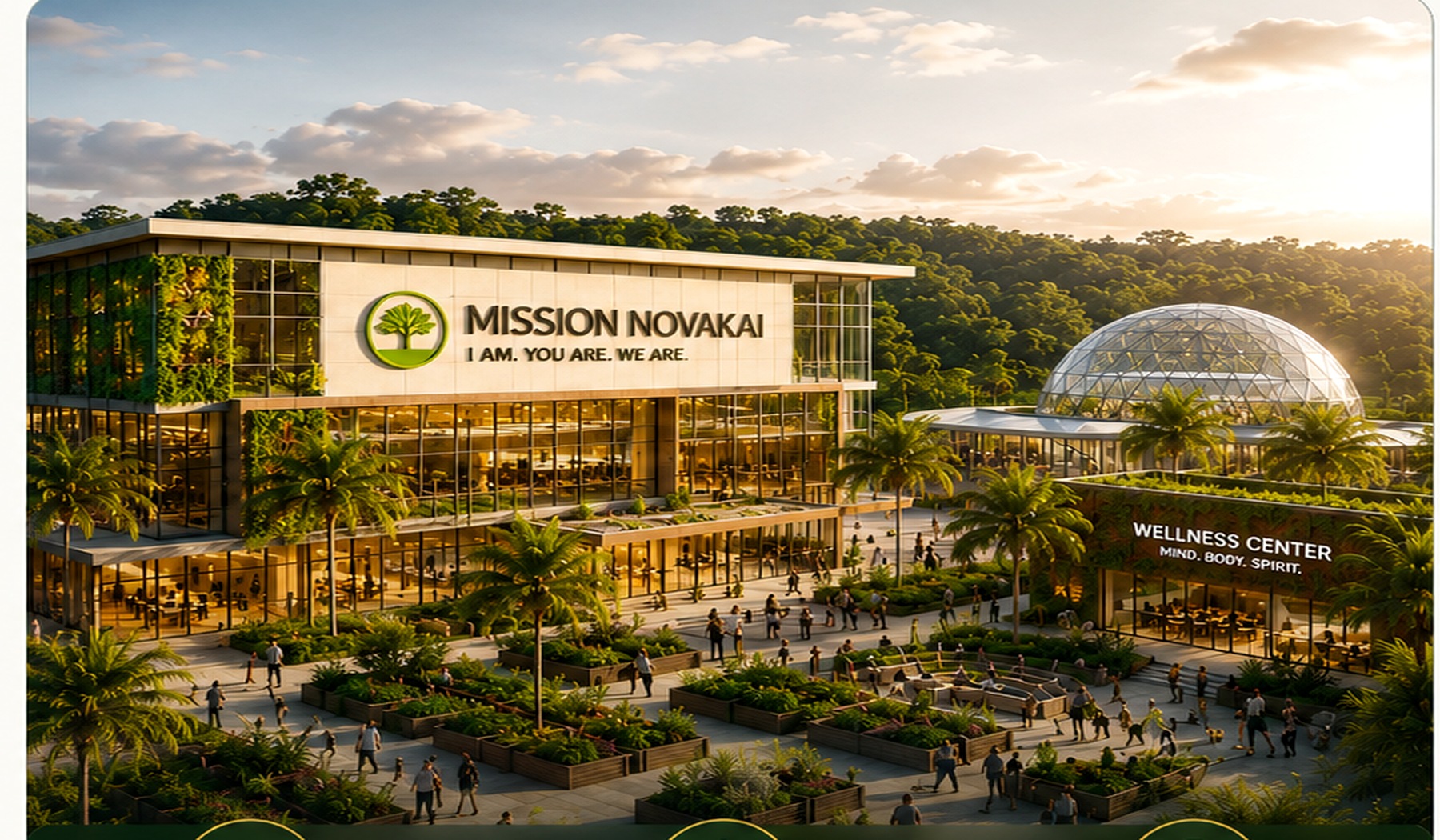 Future Mission Novakai community campus with wellness, education, gardens and gathering spaces