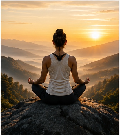 Person meditating at sunrise